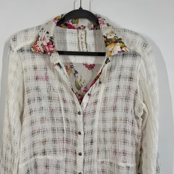 Aratta Silent Journey Button Down Sheer Plaid & Floral Blouse White Pink - Picture 3 of 13